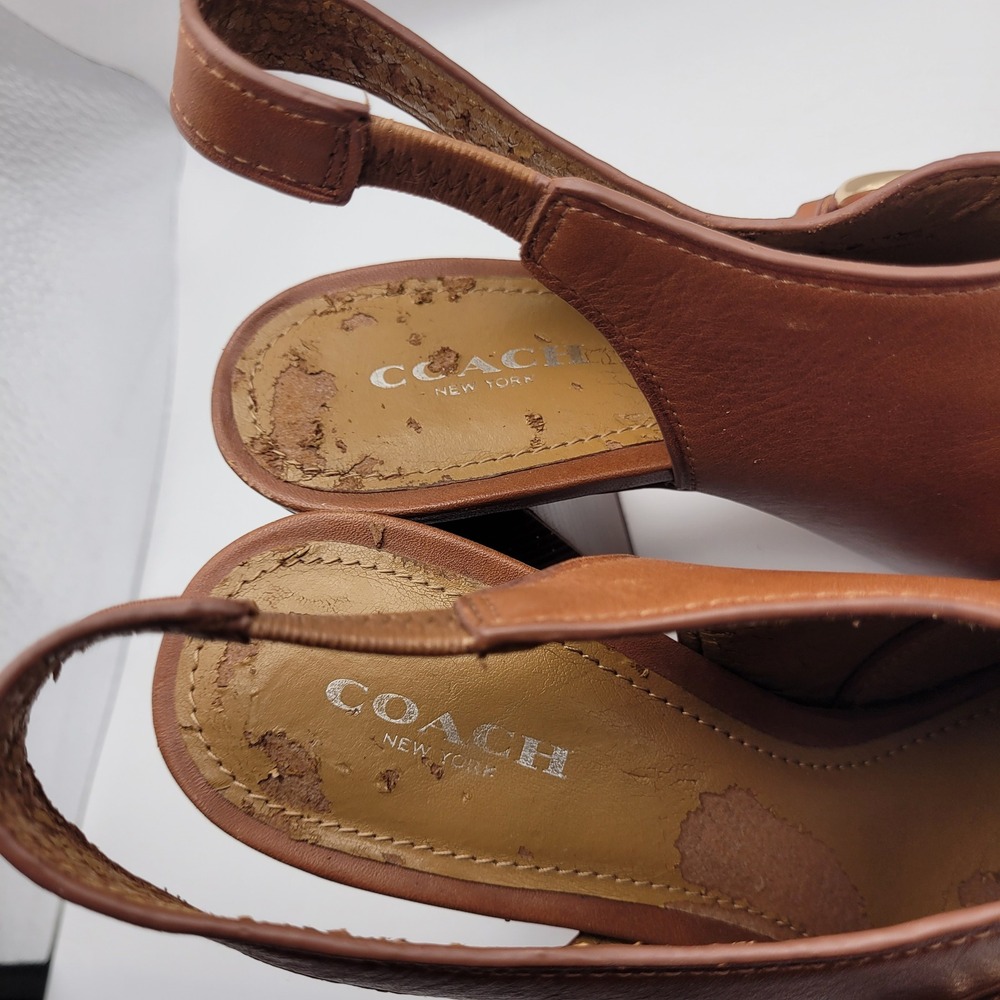 Coach Womens Brown Leather Peep Toe Slingback Block Heel Sandals Gold Buckle 6.5 - Picture 8 of 11